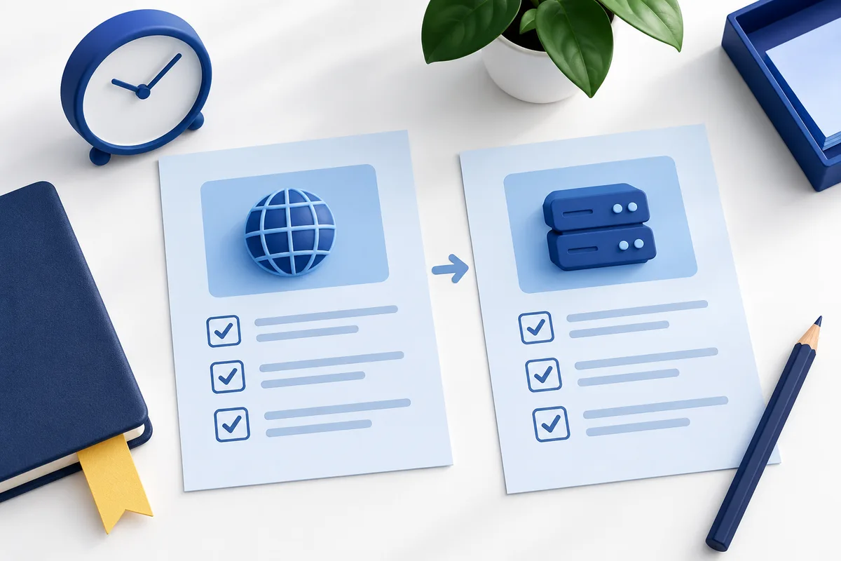 Two blue checklists with globe and server beside a clock, notebook and pencil