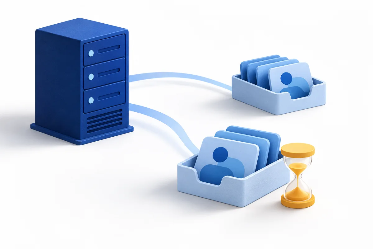 Blue server connected to two pale-blue card trays beside a yellow hourglass