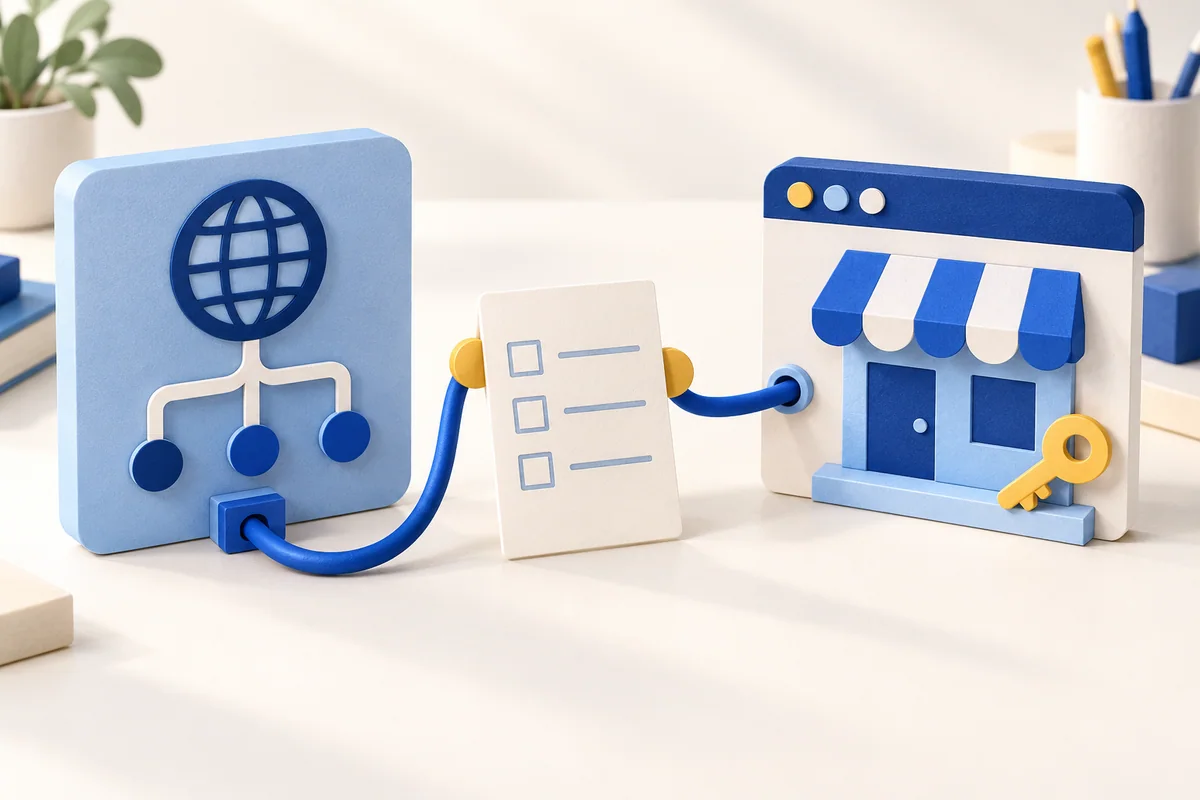 Blaue DNS-Verbindung neben einem Website-Modell mit Schlüssel und Checkliste