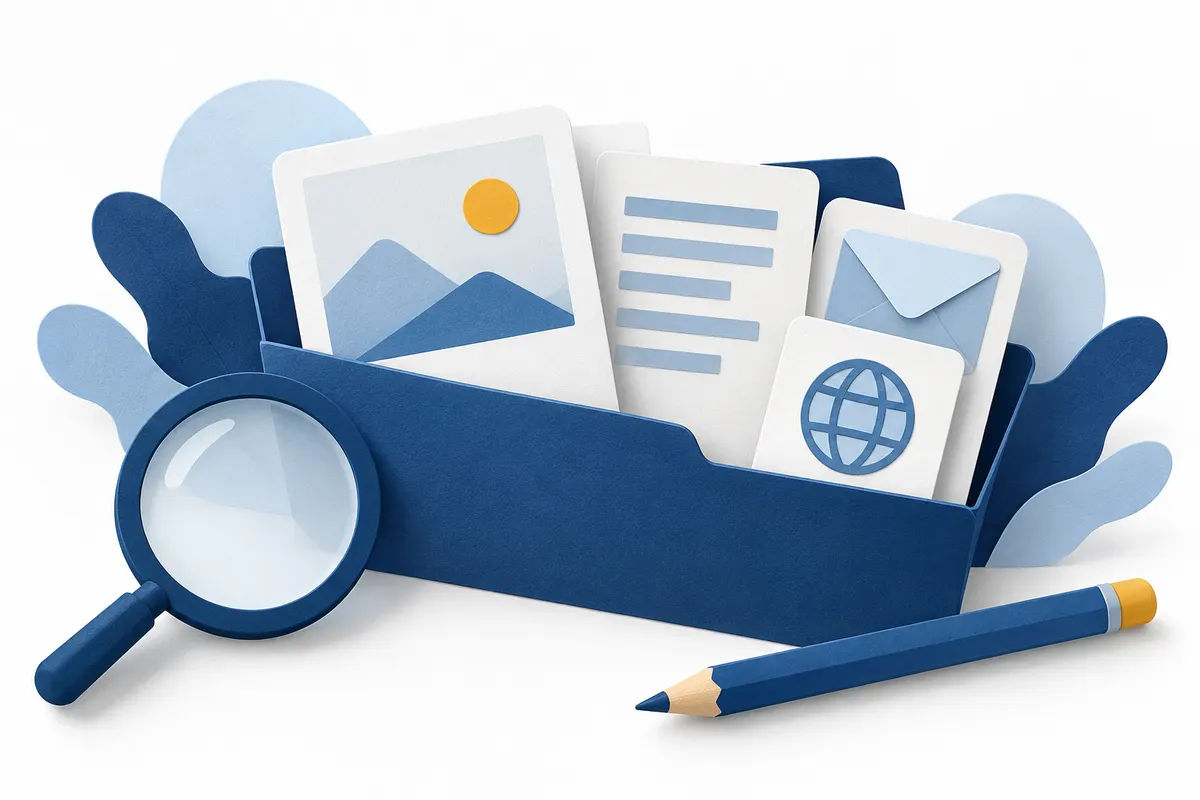 Open folder with page cards and an envelope beside a magnifier and pencil