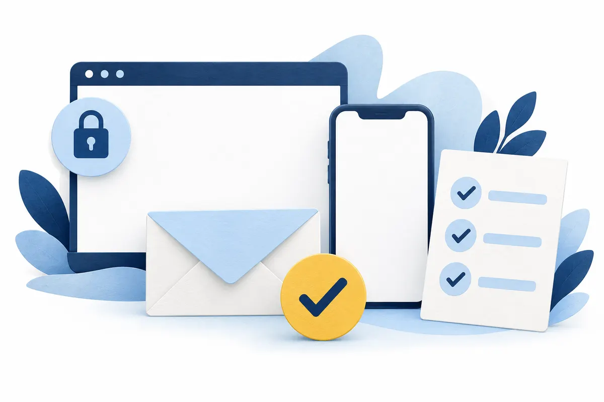 Browser panel with a padlock beside a phone, envelope and checklist