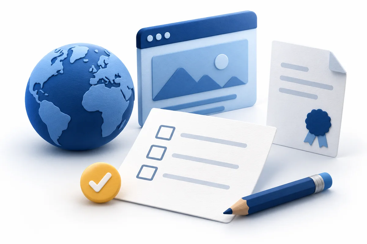 Checklist beside a globe, browser model and certificate sheet on a white surface