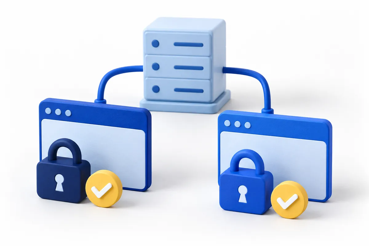 A pale-blue server connects two browser models, each with its own padlock and yellow check badge