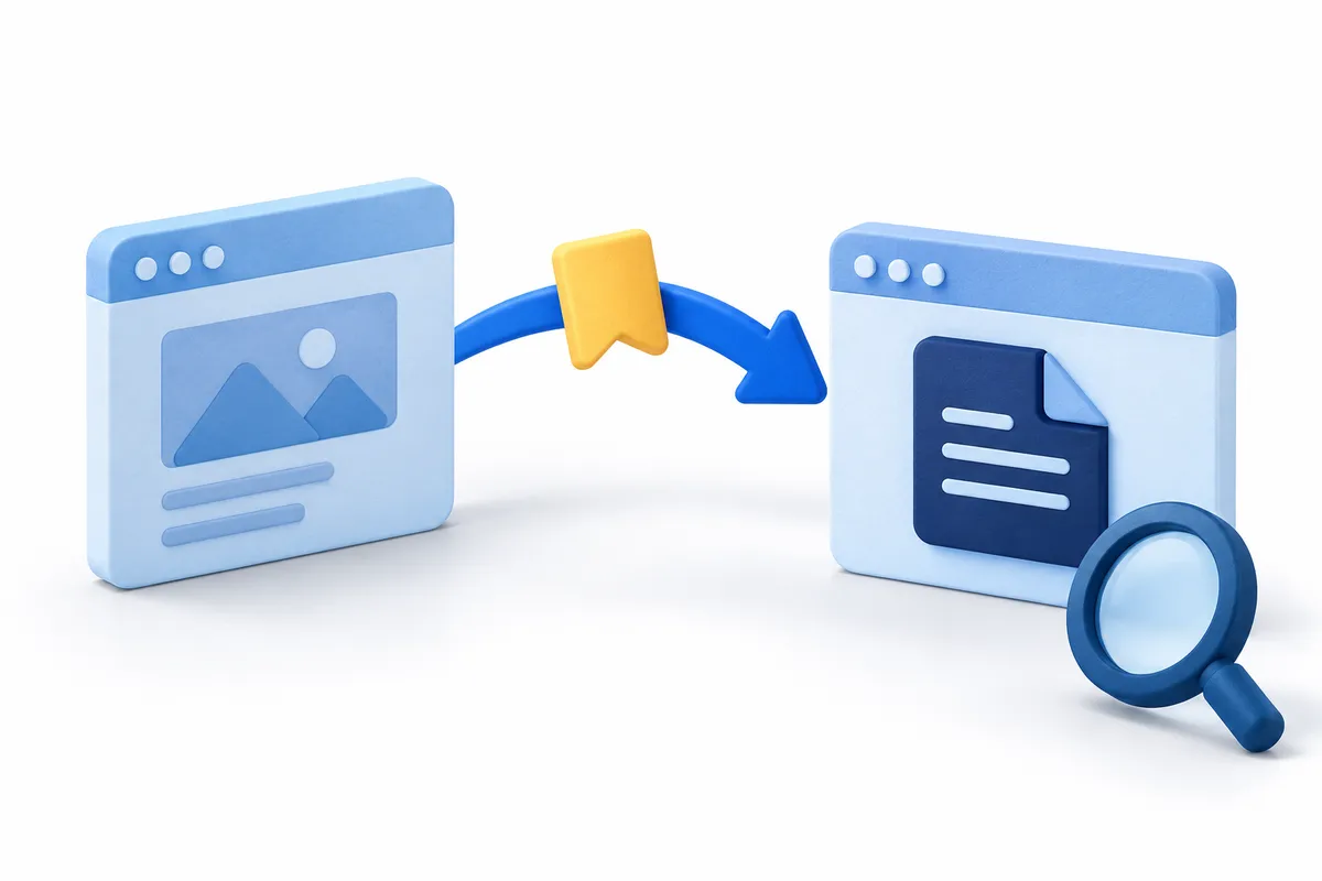 A blue arrow carrying a yellow bookmark connects two browser models beside a document page and magnifier